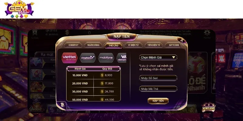 Cổng game hỗ trợ giao dịch nạp tiền qua nhiều nhà mạng điện thoại phổ biến